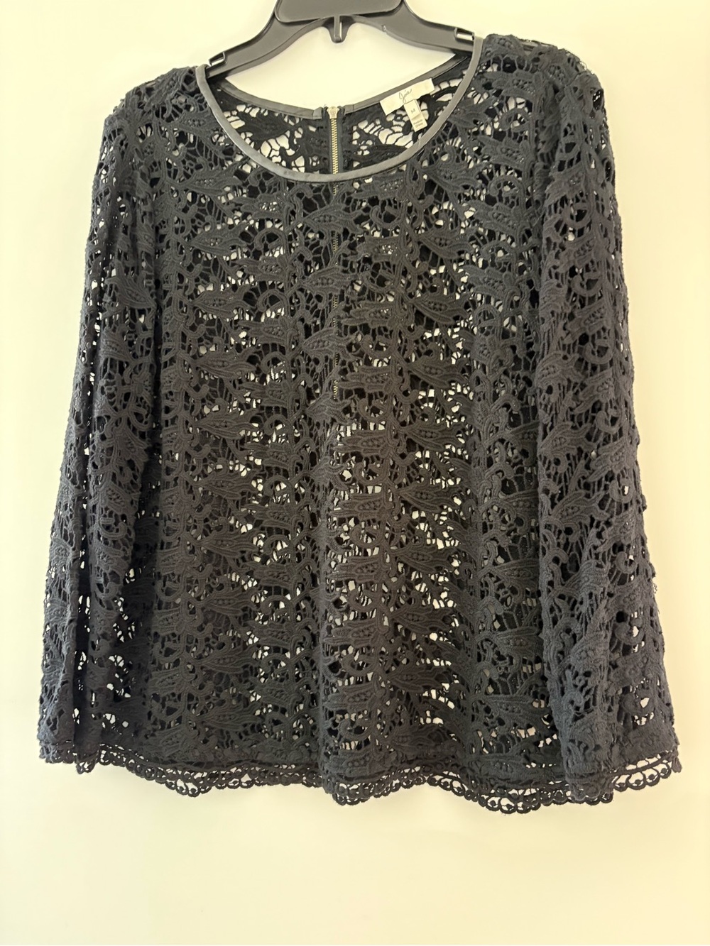 Joie Antonia  Black Cotton Crochet Lace 3/4 Sleeve Top with Faux Leather Trim